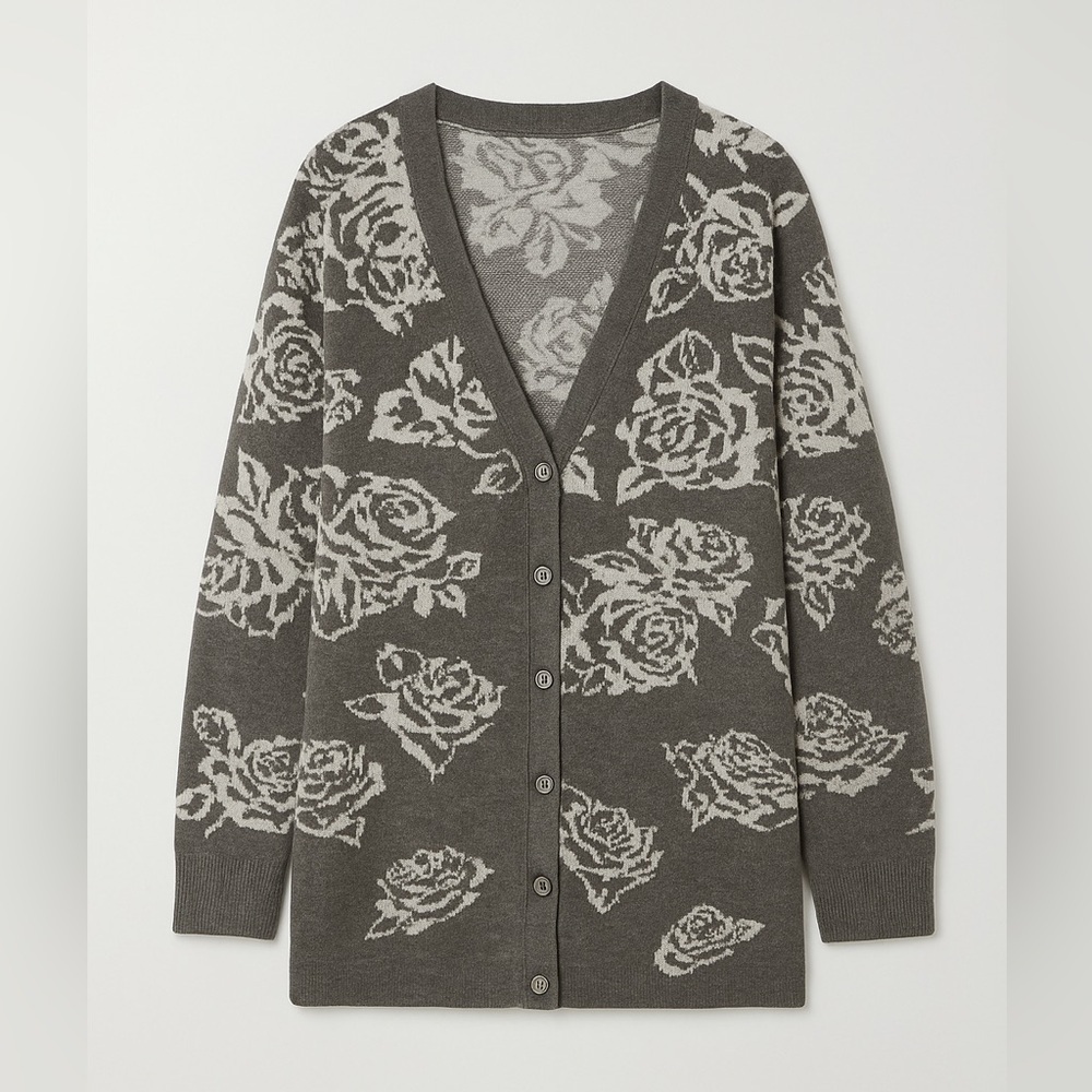Gray Cabbage Rose Jacquard Boyfriend Cardigan – Soft Neutral Knit EUC S #2405